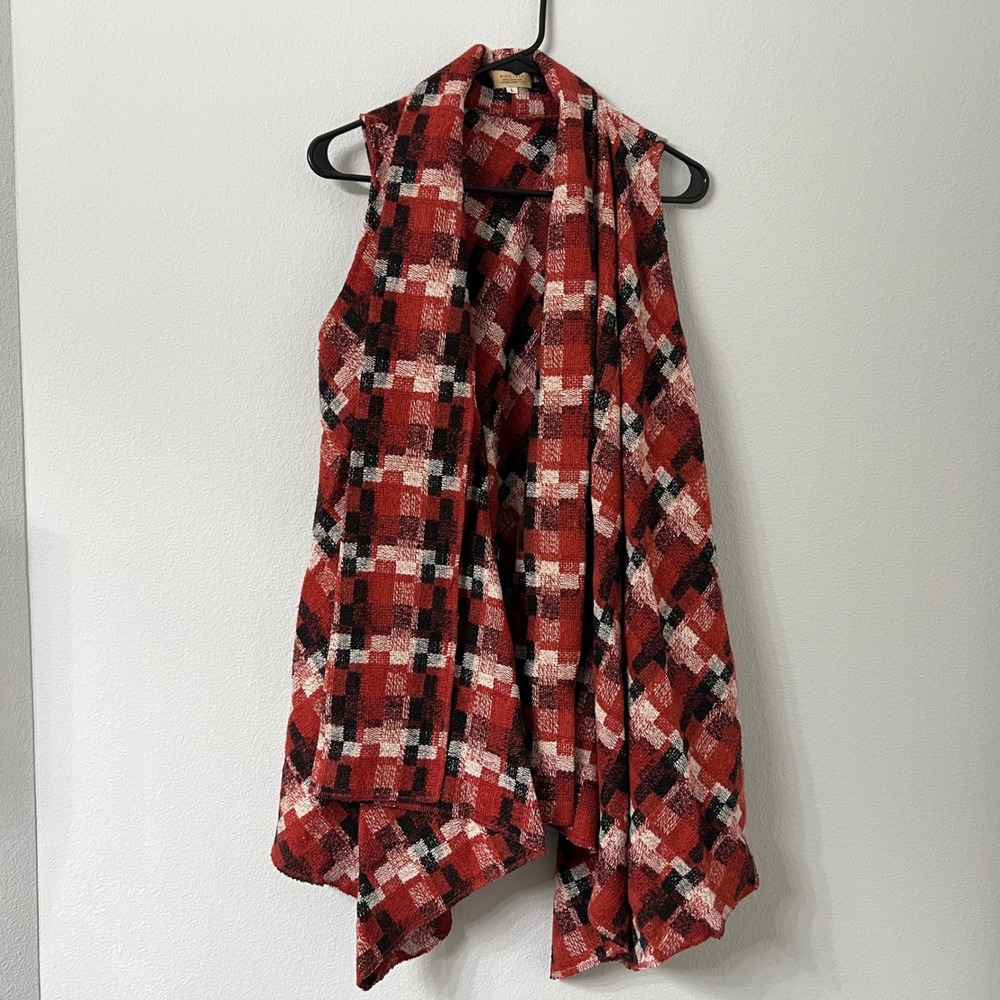 Piko 1988 Plaid Waterfall Vest Womens Large Red Black Wool Blend Pockets L